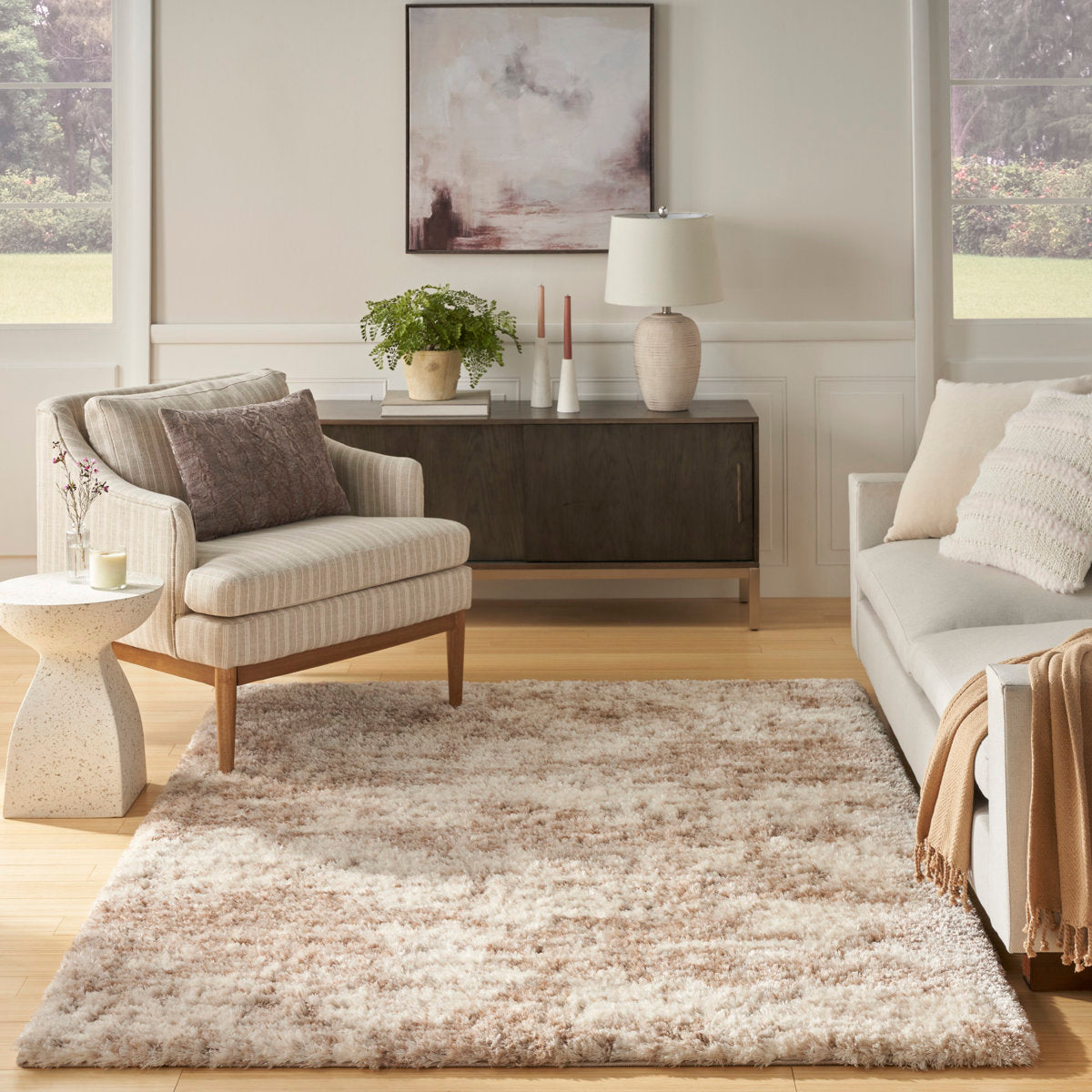 Shag Area Rug, 5 Ft 3 In x 7 Ft 3 In, Ivory and Beige