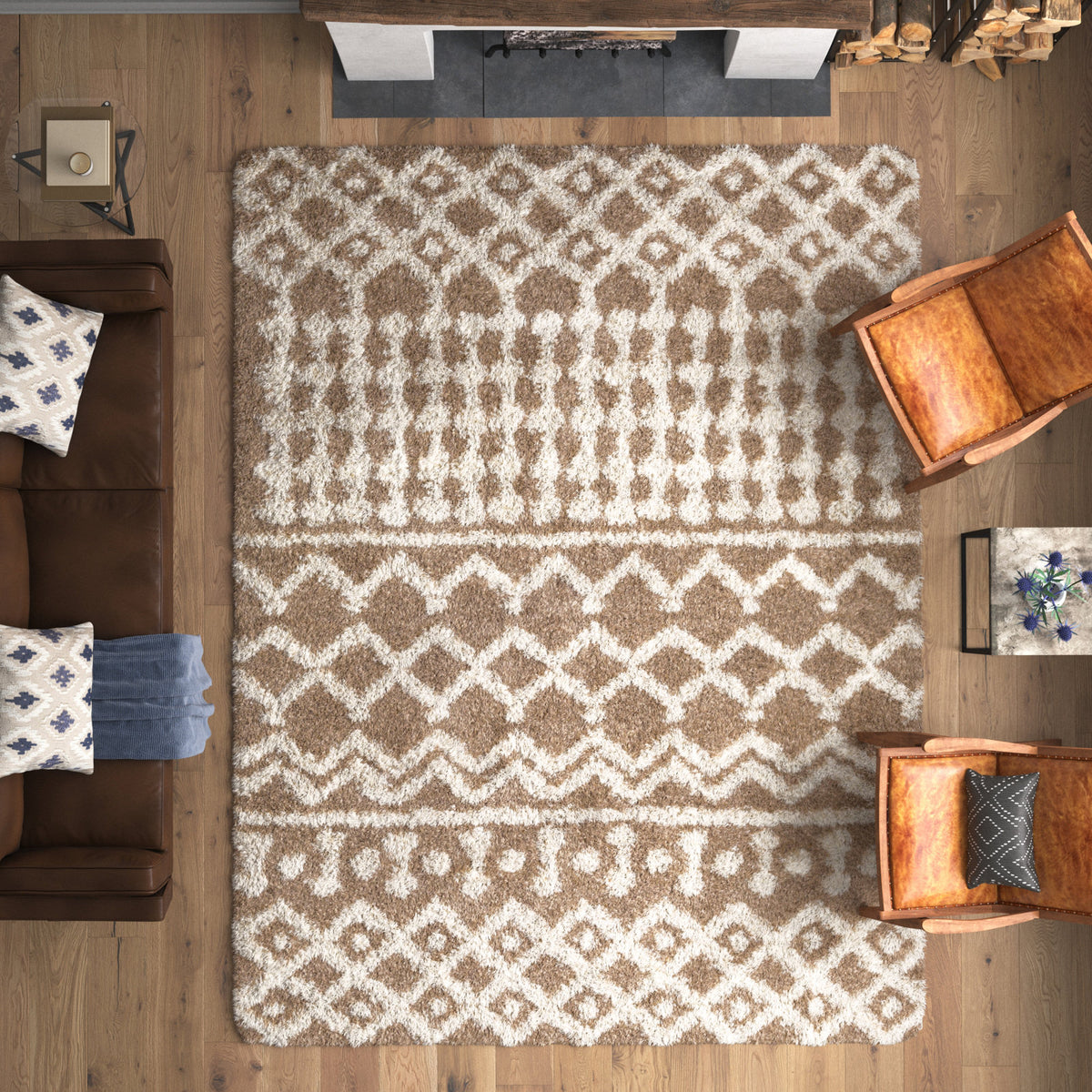 Shag Area Rug, 7'10" x 10'3" in Ivory and Brown