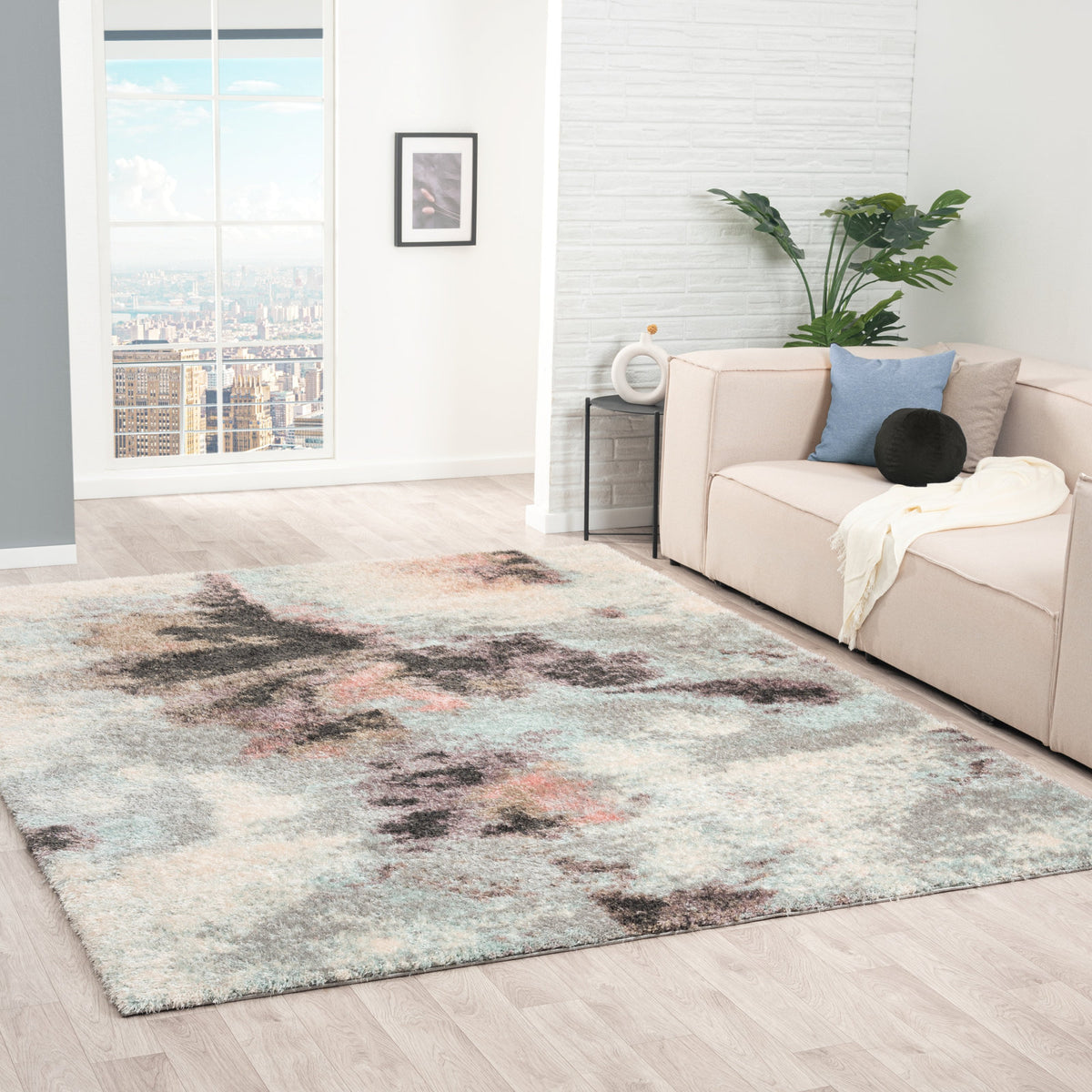 Shag Area Rug, 7 ft 7 in x 9 ft 7 in, Gray with Abstract Pattern
