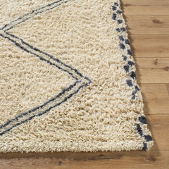 Shag Area Rug, 8 ft x 10 ft, Cream Wool with Moroccan Pattern