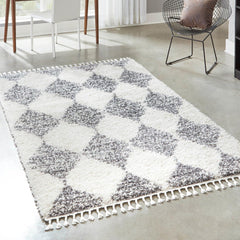 Shag Area Rug, 9 x 12 Ft, White with Geometric Pattern
