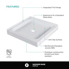 Shower Base, Double Threshold, Square, Fiberglass, 30 x 30 In, Gloss White