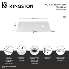 Shower Base, Nauru, 60 x 32 Inch Double Threshold in Glossy White