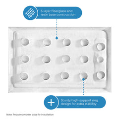 Shower Base, Rectangular, Hidden Side Drain, Acrylic, 54 x 36 In, White