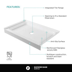 Shower Base, Single Threshold, Acrylic Fiberglass, 42 x 32 In, Gloss White