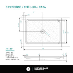 Shower Base, Single Threshold, Acrylic Fiberglass, 42 x 32 In, Gloss White