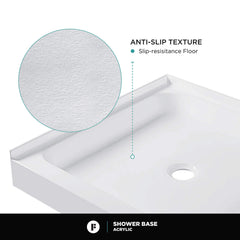 Shower Base, Single Threshold, Acrylic Fiberglass, 42 x 32 In, Gloss White