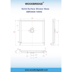 Shower Base, Single Threshold, Solid Surface, Square, 36 x 36 Inch