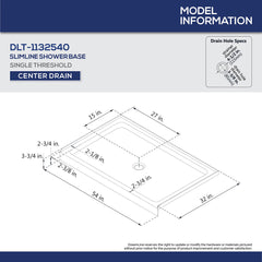 Shower Base, SlimLine, Single Threshold, Center Drain, 54 x 32 In., White
