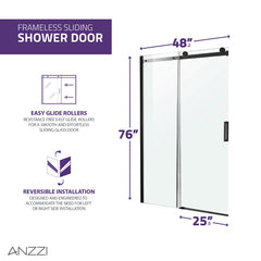 Shower Door, Rhodes, Frameless Sliding, Tempered Glass, 48 in. x 76 in., Matte Black