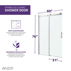 Shower Door, Rhodes, Frameless Sliding, Tempered Glass, 60 In, Brushed Nickel