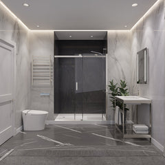 Shower Door, Rhodes, Frameless Sliding, Tempered Glass, 60 In, Brushed Nickel