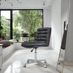 Side Chair, Adjustable Height Swivel, Black Faux Leather with Silver Steel Frame