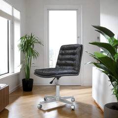 Side Chair, Adjustable Height Swivel, Black Faux Leather with Silver Steel Frame
