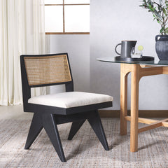 Side Chair, Beige Boucle Upholstery, Black Solid Wood Legs
