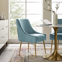 Side Chair, Light Blue Polyester Blend Upholstery, Brushed Gold Legs