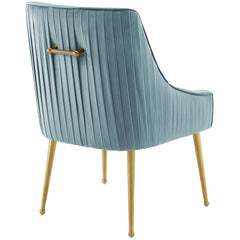 Side Chair, Light Blue Polyester Blend Upholstery, Brushed Gold Legs