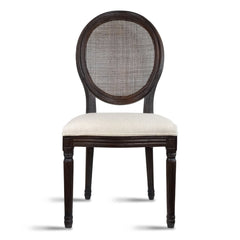 Side Chair, Linen Seat, Rattan Back, Brown Solid Wood Frame