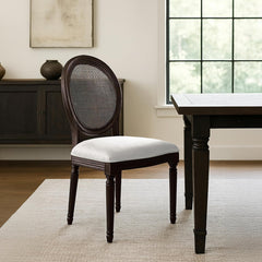 Side Chair, Linen Seat, Rattan Back, Brown Solid Wood Frame