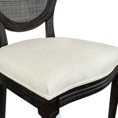 Side Chair, Linen Seat, Rattan Back, Brown Solid Wood Frame