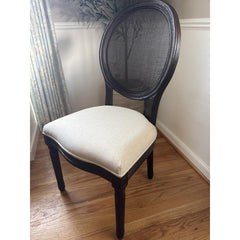 Side Chair, Linen Seat, Rattan Back, Brown Solid Wood Frame