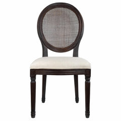 Side Chair, Linen Seat, Rattan Back, Brown Solid Wood Frame