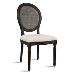 Side Chair, Linen Seat, Rattan Back, Brown Solid Wood Frame