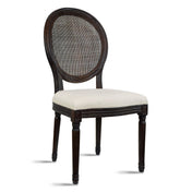 Side Chair, Linen Seat, Rattan Back, Brown Solid Wood Frame