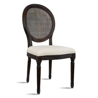 Side Chair, Linen Seat, Rattan Back, Brown Solid Wood Frame