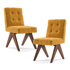 Side Chair, Linen Upholstered in Yellow with Solid Wood Legs