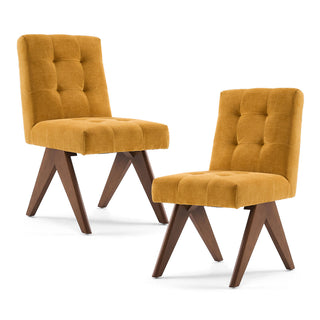Side Chair, Linen Upholstered in Yellow with Solid Wood Legs