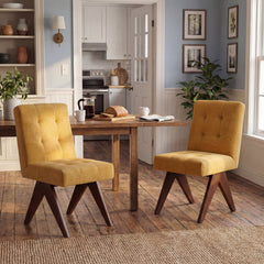 Side Chair, Linen Upholstered in Yellow with Solid Wood Legs