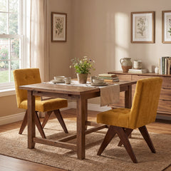 Side Chair, Linen Upholstered in Yellow with Solid Wood Legs