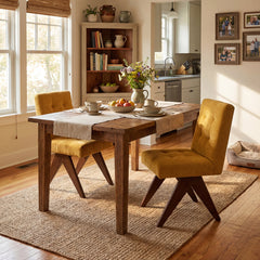 Side Chair, Linen Upholstered in Yellow with Solid Wood Legs