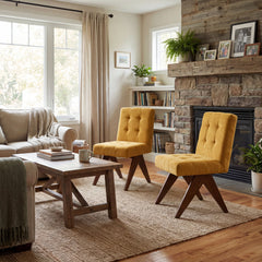 Side Chair, Linen Upholstered in Yellow with Solid Wood Legs
