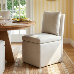 Side Chair, Linen Upholstery with Wood Frame and Rolling Casters