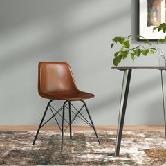 Side Chair, Medium Brown Genuine Leather, Black Iron Legs
