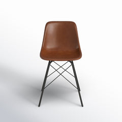 Side Chair, Medium Brown Genuine Leather, Black Iron Legs