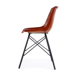 Side Chair, Medium Brown Genuine Leather, Black Iron Legs