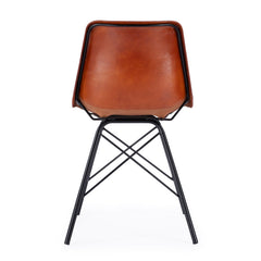 Side Chair, Medium Brown Genuine Leather, Black Iron Legs