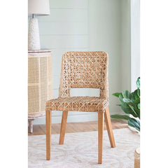 Side Chair, Solid Wood Frame, Woven Back and Seat, Brown Finish