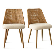 Side Chairs, Set of 2, Beige Fabric with Woven Rattan Backs