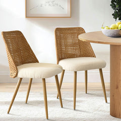 Side Chairs, Set of 2, Beige Fabric with Woven Rattan Backs