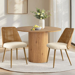 Side Chairs, Set of 2, Beige Fabric with Woven Rattan Backs