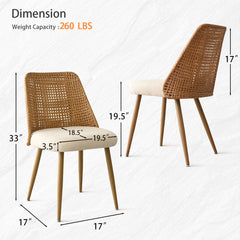 Side Chairs, Set of 2, Beige Fabric with Woven Rattan Backs
