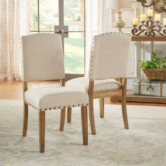 Side Chairs, Set of 2, Beige Linen with Light Distressed Natural Legs