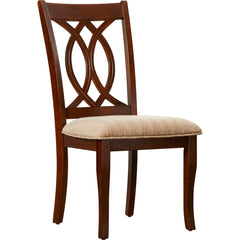 Side Chairs, Set of 2, Beige Polyester Seats with Brown Cherry Wood Frame