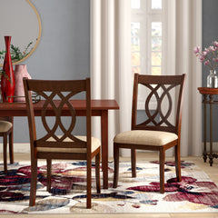 Side Chairs, Set of 2, Beige Polyester Seats with Brown Cherry Wood Frame