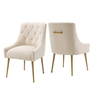 Side Chairs, Set of 2, Beige Velvet, Gold Metal Legs