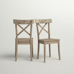 Side Chairs, Set of 2, Beige Wood with Cross Back
